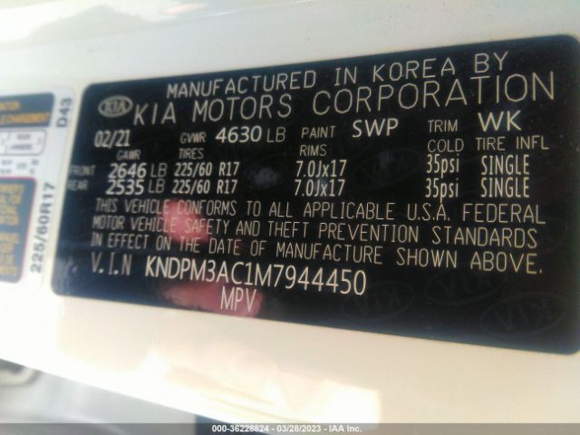 KNDPM3AC1M7944450 KIA Sportage Lx