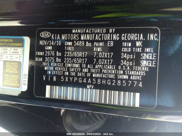 5XYPG4A58HG285774 KIA Sorento Lx V6