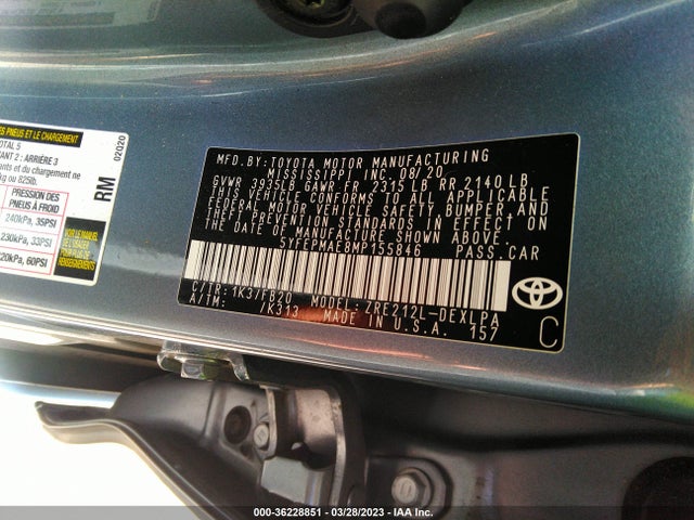 2021 TOYOTA COROLLA LE VIN: 5YFEPMAE8MP155846