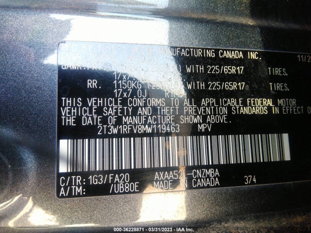 Продажа на аукционе авто 2021 Toyota Rav4 Xle, vin: 2T3W1RFV8MW119463, номер лота: 36228871