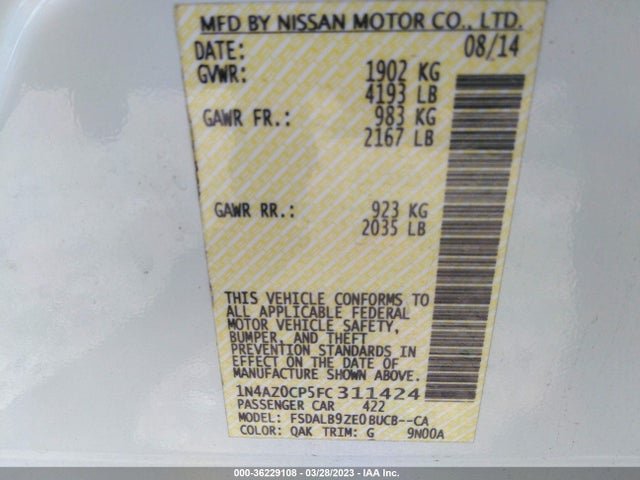 2015 NISSAN LEAF S VIN: 1N4AZ0CP5FC311424