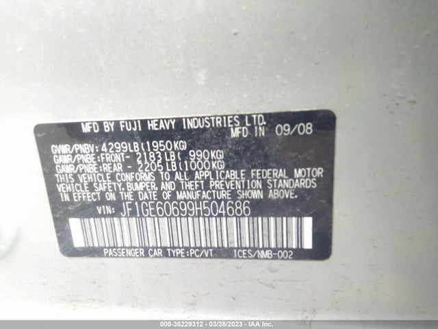 2009 SUBARU IMPREZA SEDAN I W/PREMIUM PKG VIN: JF1GE60699H504686