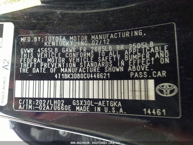 2012 TOYOTA AVALON VIN: 4T1BK3DB0CU448621