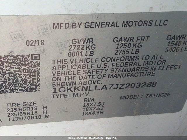 GMC ACADIA SLE 2018 1GKKNLLA7JZ203288 Image 9