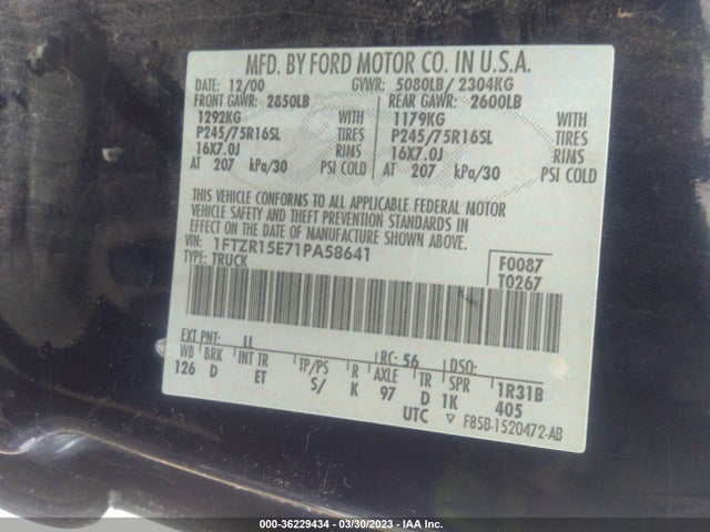 2001 FORD RANGER XL VIN: 1FTZR15E71PA58641