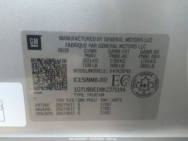 1GTU9BED8KZ375194 GMC Sierra 1500 Sle