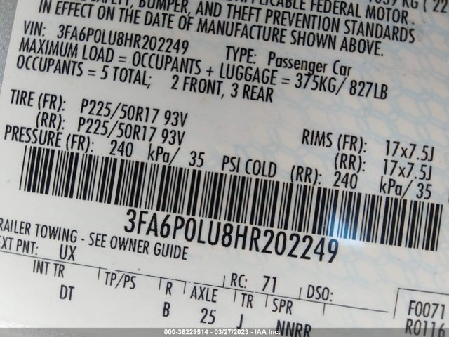 3FA6P0LU8HR202249 Ford Fusion Hybrid Se