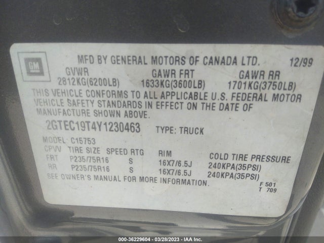 2000 GMC NEW SIERRA 1500 SLE VIN: 2GTEC19T4Y1230463