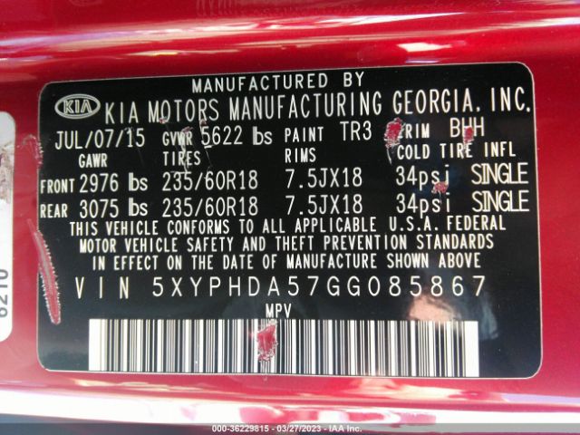 5XYPHDA57GG085867 KIA SORENTO EX