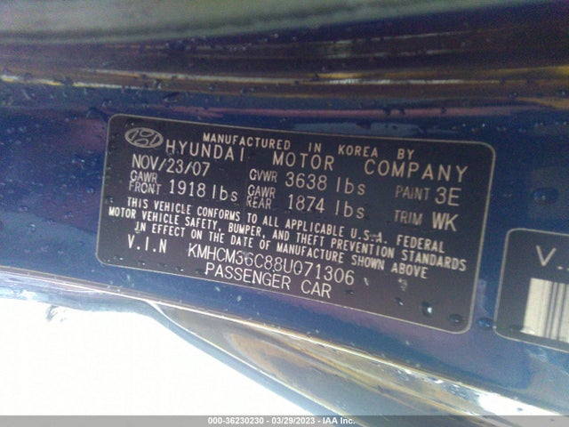 2008 HYUNDAI ACCENT GS VIN: KMHCM36C88U071306