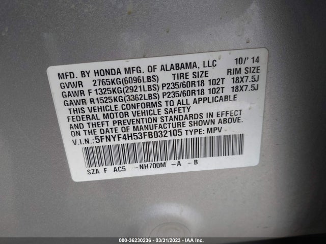 Honda Pilot Ex-l 2015 5FNYF4H53FB032105 Image 11