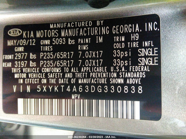 2013 KIA SORENTO LX VIN: 5XYKT4A63DG330838