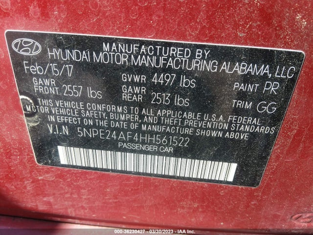Hyundai Sonata 2.4l 2017 5NPE24AF4HH561522 Image 10