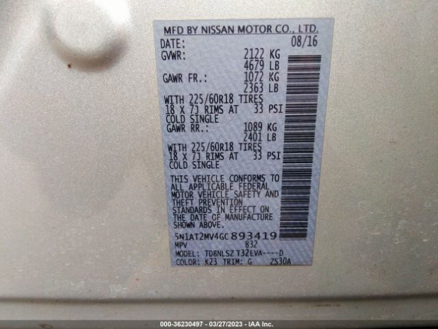 5N1AT2MV4GC893419 Nissan Rogue Sl