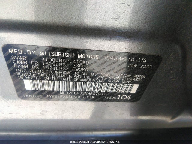 ML32FUFJ3NHF07097 Mitsubishi Mirage G4 Es/le/black Edition