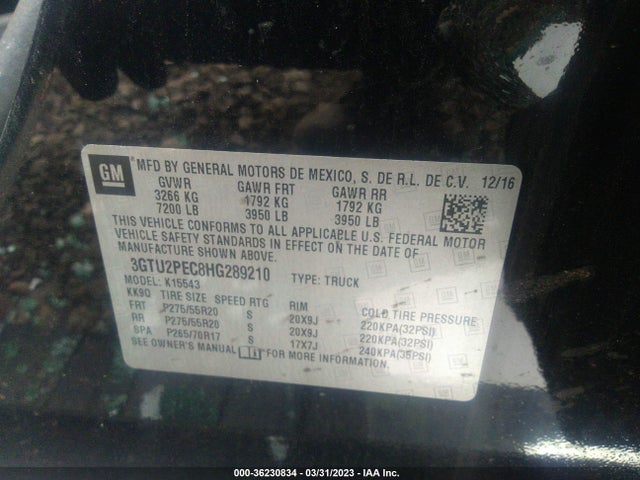 2017 GMC SIERRA 1500 DENALI VIN: 3GTU2PEC8HG289210