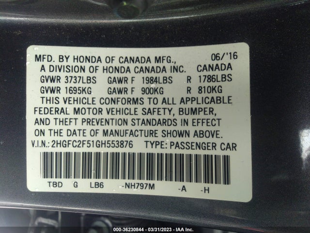 2016 HONDA CIVIC SEDAN LX VIN: 2HGFC2F51GH553876