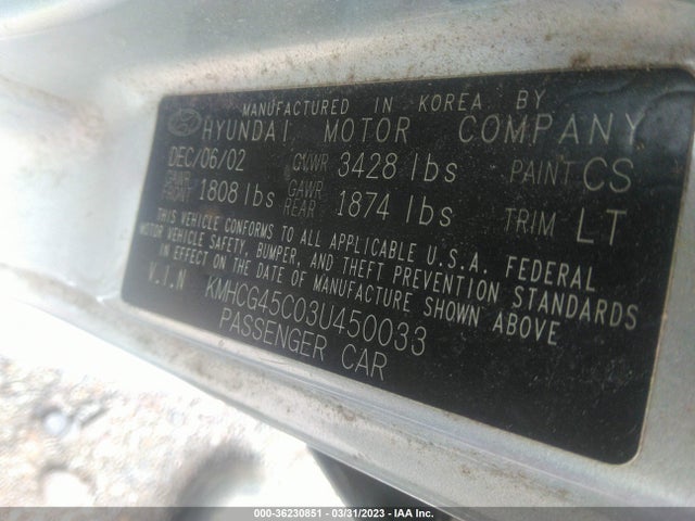 2003 HYUNDAI ACCENT GL VIN: KMHCG45C03U450033