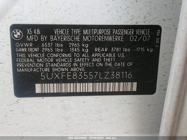 2007 BMW X5 4.8I VIN: 5UXFE83557LZ38116
