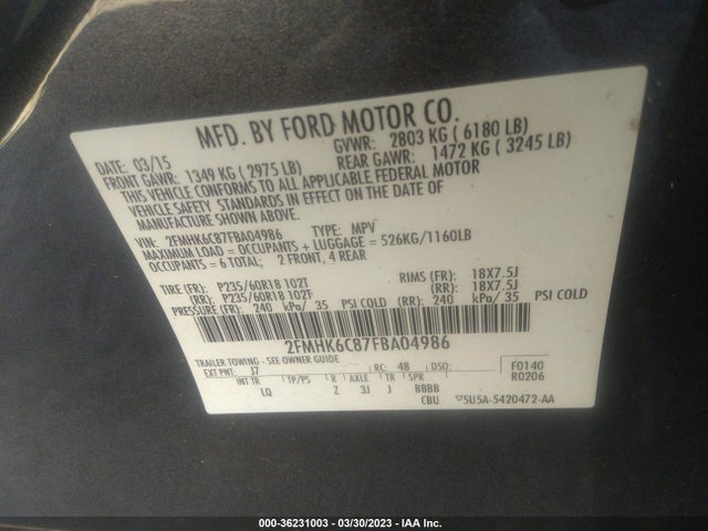 2015 FORD FLEX SEL VIN: 2FMHK6C87FBA04986