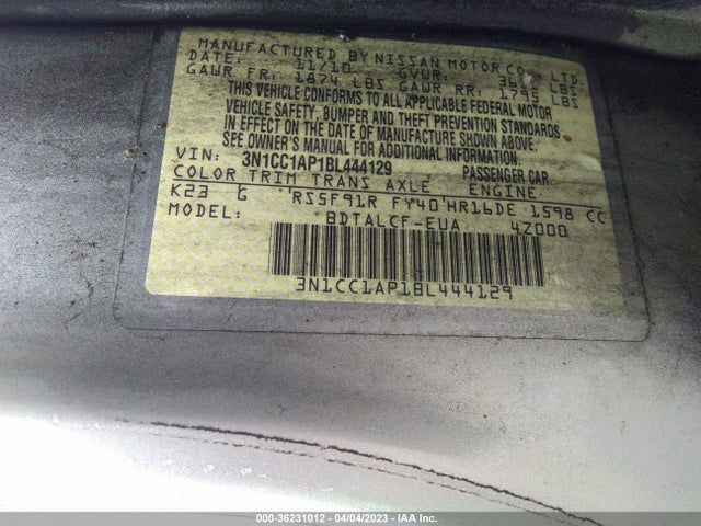 2011 NISSAN VERSA 1.6 VIN: 3N1CC1AP1BL444129