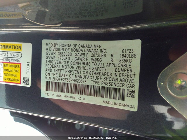 2023 HONDA CIVIC SEDAN SPORT VIN: 2HGFE2F55PH523578