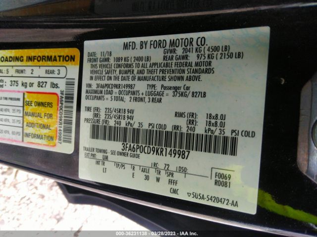 3FA6P0CD9KR149987 Ford FUSION SEL