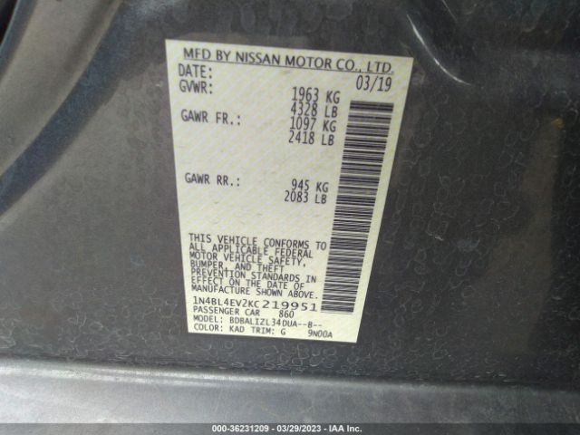1N4BL4EV2KC219951 Nissan Altima 2.5 Sl