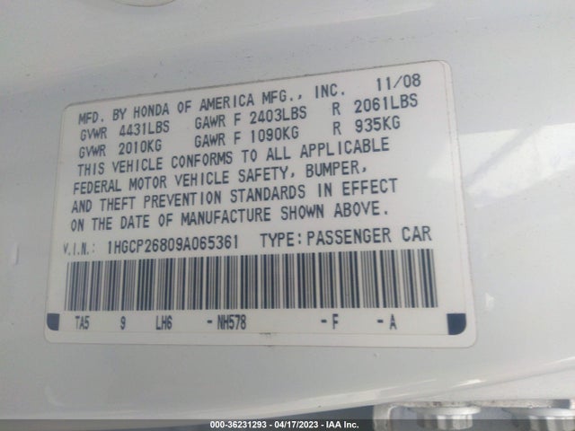 2009 HONDA ACCORD SDN EX-L VIN: 1HGCP26809A065361