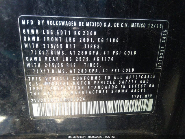 3VV2B7AXXKM063924 Volkswagen Tiguan Se/sel/sel R-line