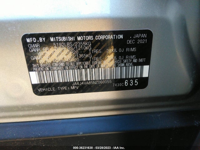 JA4J4VA85NZ060055 Mitsubishi Outlander Sel