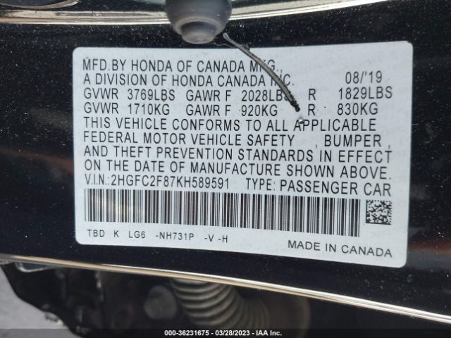 Honda Civic Sedan Sport 2019 2HGFC2F87KH589591 Image 10