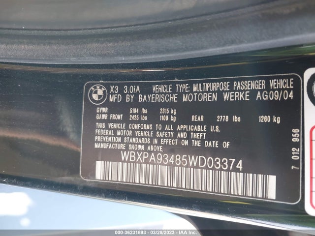 2005 BMW X3 3.0I VIN: WBXPA93485WD03374