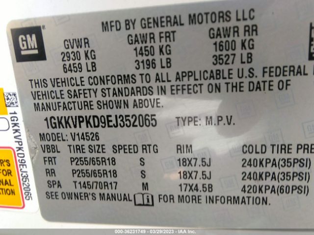 1GKKVPKD9EJ352065 GMC ACADIA SLE