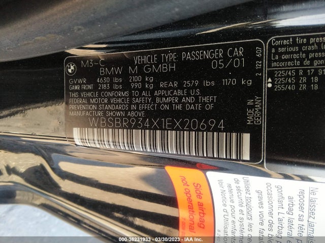 2001 BMW 3 SERIES M3 VIN: WBSBR934X1EX20694