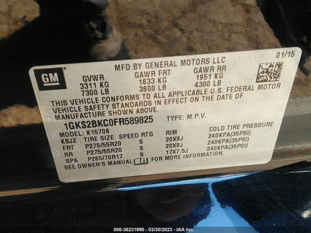 1GKS2BKC0FR589825 GMC YUKON SLT