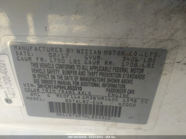 3N1CN7AP9HL853310 Nissan Versa Sedan Sv