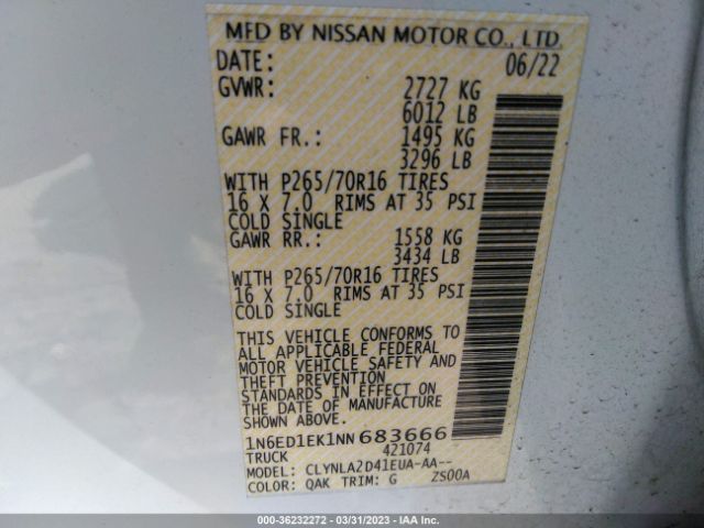 1N6ED1EK1NN683666 Nissan FRONTIER S