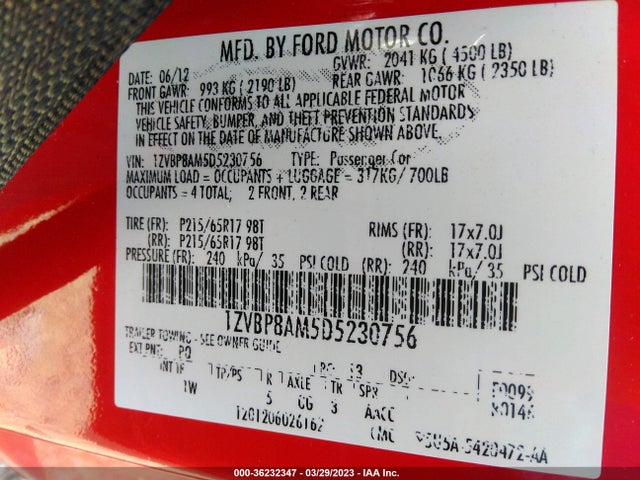 2013 FORD MUSTANG V6 VIN: 1ZVBP8AM5D5230756