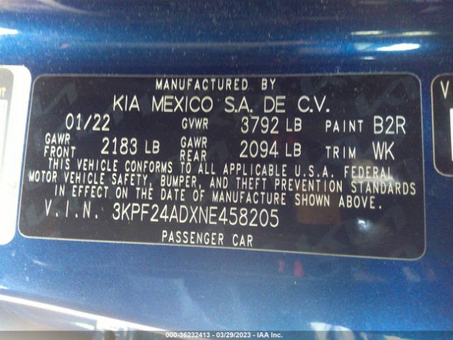 3KPF24ADXNE458205 KIA Forte Lxs