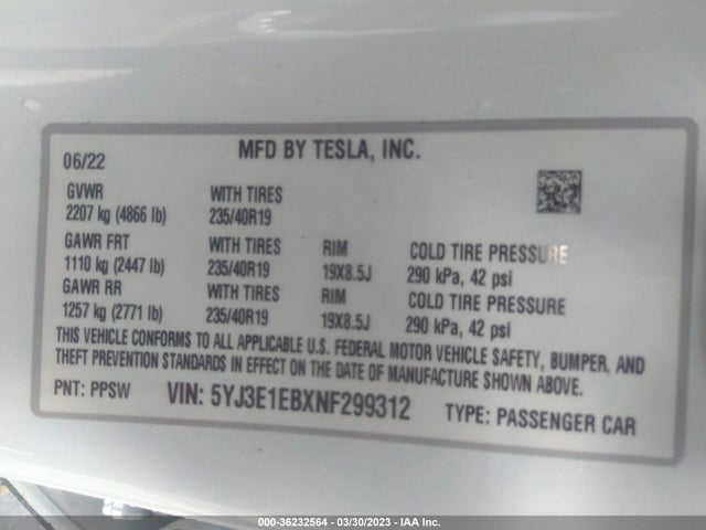 Tesla Model 3 Long Range 2022 5YJ3E1EBXNF299312 Image 11