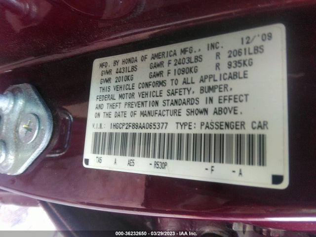 2010 HONDA ACCORD SDN EX-L VIN: 1HGCP2F89AA065377