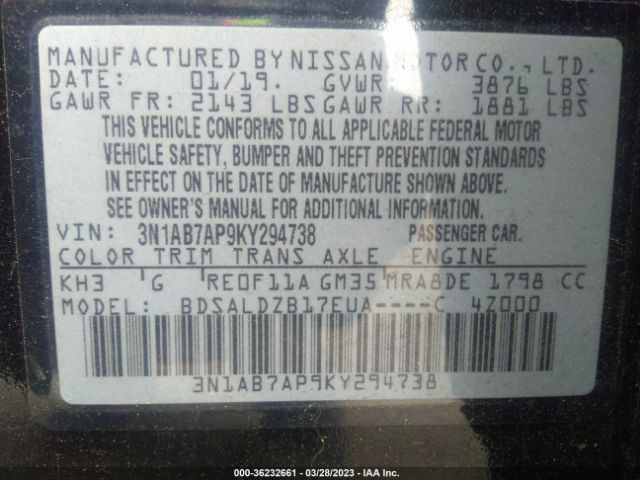 3N1AB7AP9KY294738 Nissan SENTRA SV