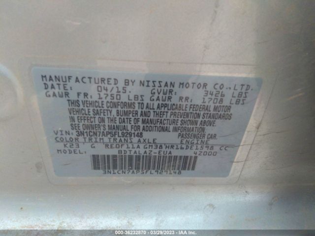 3N1CN7AP5FL929148 Nissan Versa S Plus