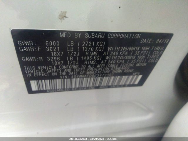4S4WMAFD0K3472307 Subaru Ascent Premium
