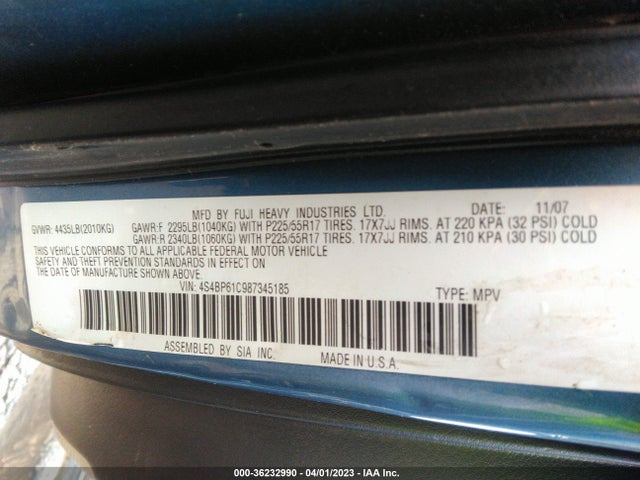 2008 SUBARU OUTBACK I/LL BEAN W/NAV VIN: 4S4BP61C987345185