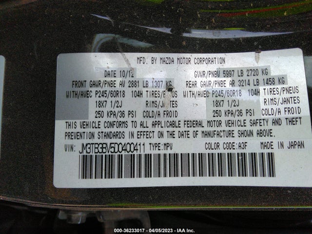 2013 MAZDA CX-9 SPORT VIN: JM3TB3BV5D0400411