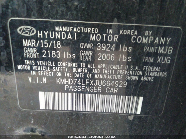 2018 HYUNDAI ELANTRA SE VIN: KMHD74LFXJU664929