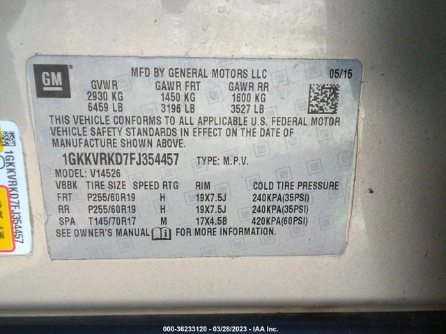 2015 GMC ACADIA SLT VIN: 1GKKVRKD7FJ354457