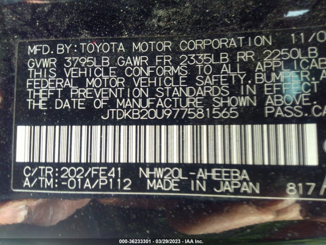 2007 TOYOTA PRIUS VIN: JTDKB20U977581565